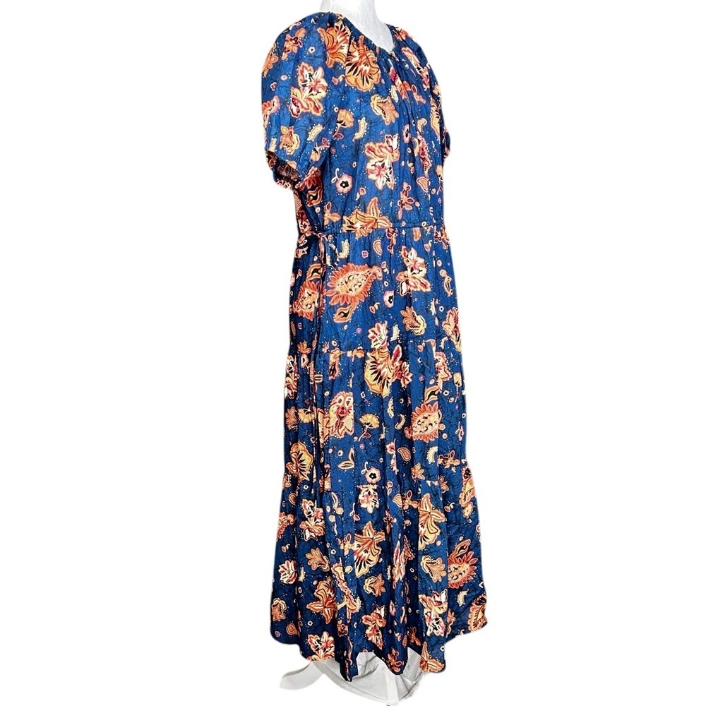 INA Boho Tiered Midi Dress M Waist Ties Lightweight Flowers Paisley Feminine - Picture 3 of 12